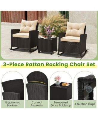 Patio Rattan Roker Chairs with Tempered Glass Table and Soft Cushions