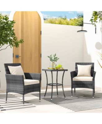 3 Pieces Patio Furniture Set with Cushioned Patio Chairs and Tempered Glass Coffee Table-White