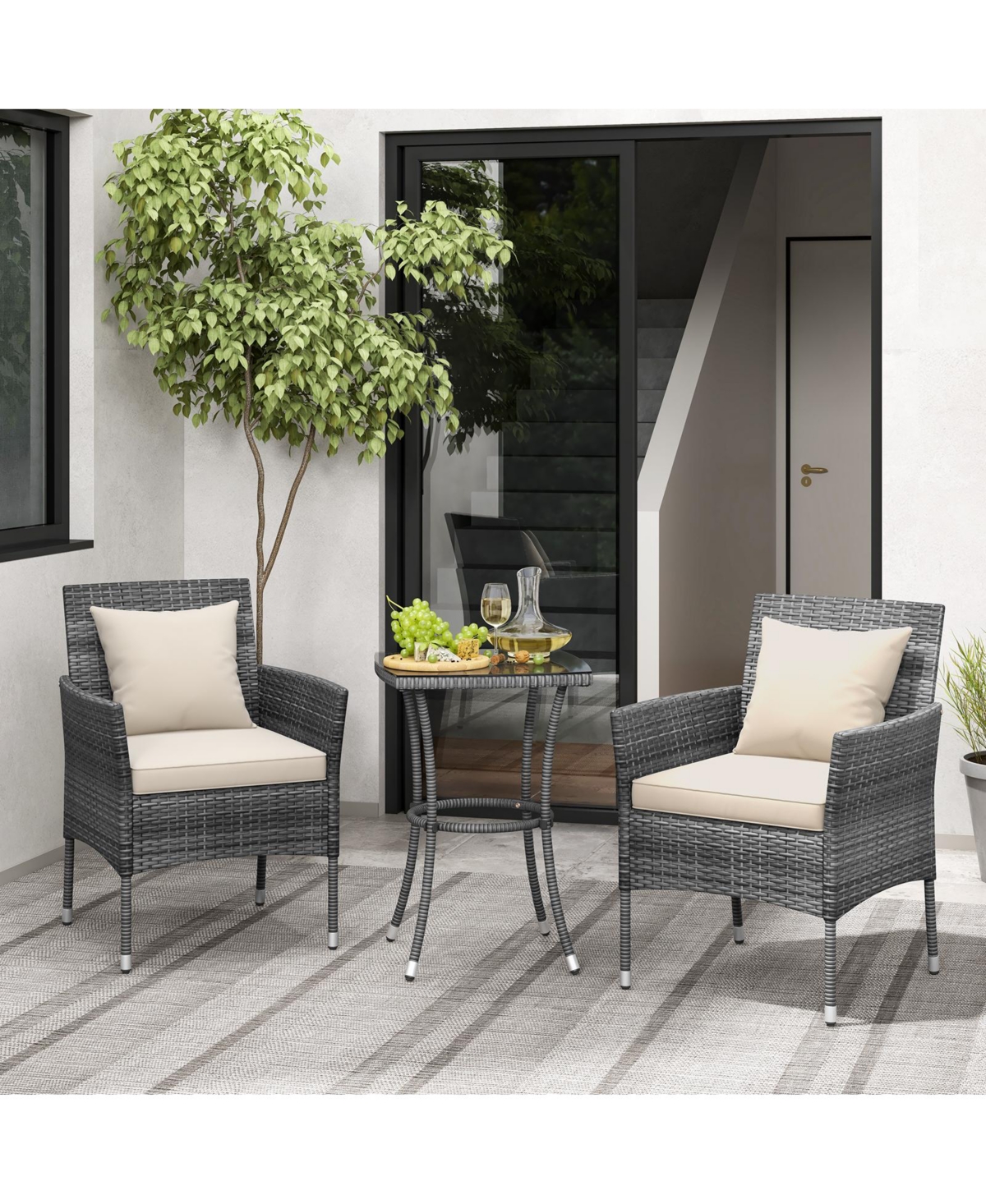 Vebreda 3 Pieces Patio Furniture Set with Cushioned Patio Chairs and Tempered Glass Coffee Table- White
