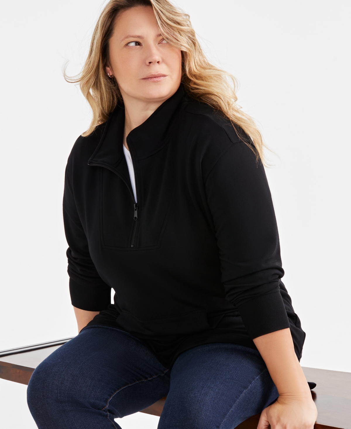 Style & Co Plus Size Quarter-zip Top, Exclusively At Macy's In Deep Black