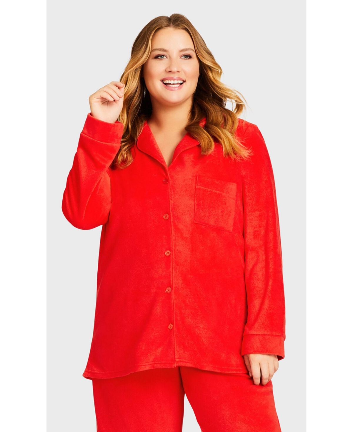 Plus Size Plain Button Fleece Sleep Top - Red