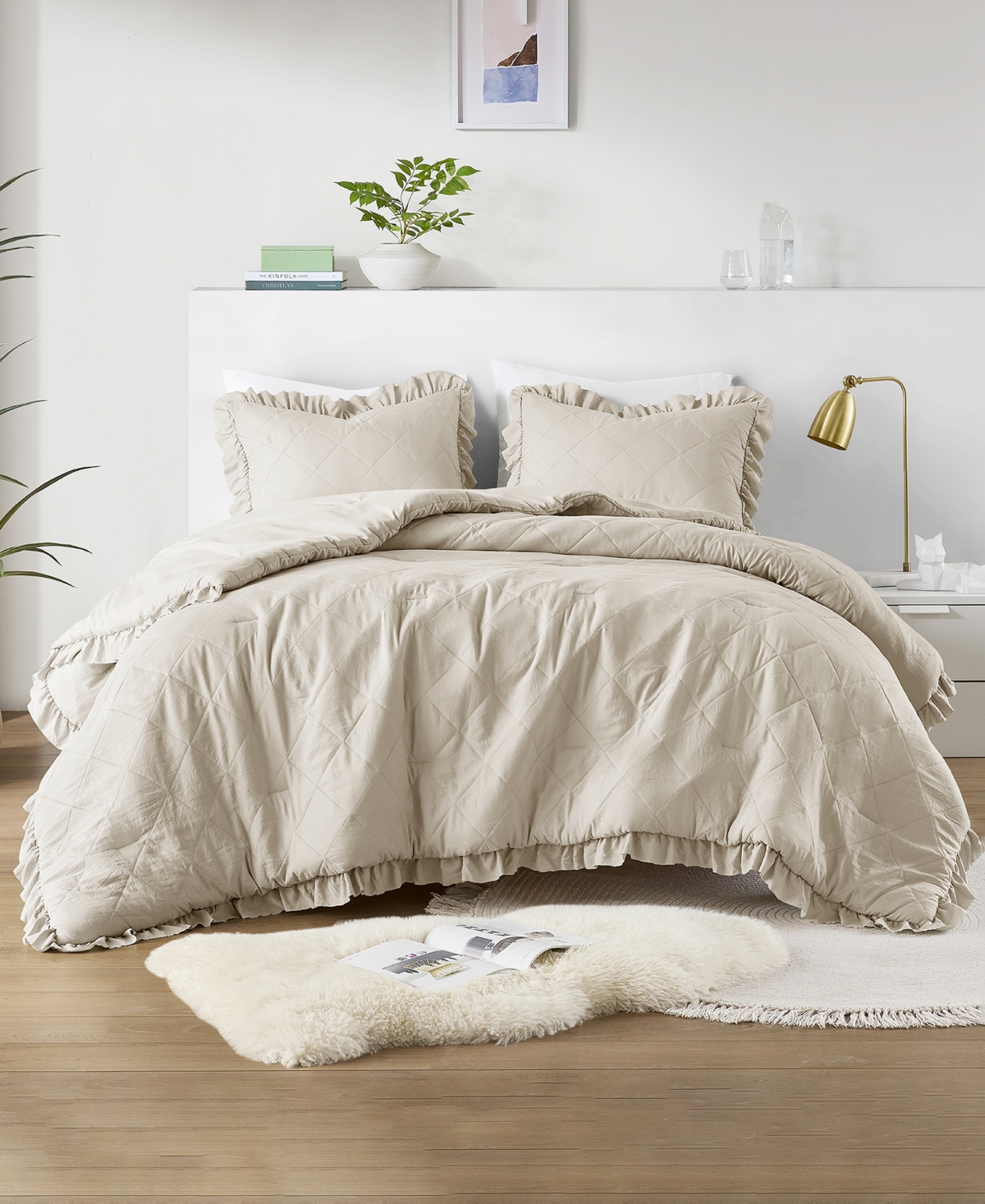 510 Design Phoebe Diamond Quilted Ruffle Edge 3-pc. Comforter Set, Full/queen In Neutral