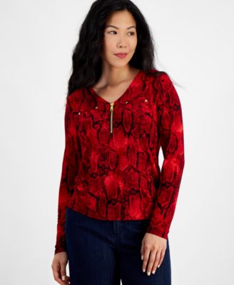 I.N.C. International Concepts - Petite Snakeskin-Print Quarter-Zip Top