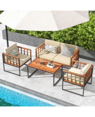 4 Pieces Acacia Wood Outdoor Sofa Set