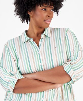 Plus Size Striped Roll-Tab Shirt