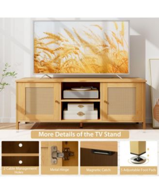 Boho TV Stand for TV up to 55 Inches with Faux Rattan Door-Natural