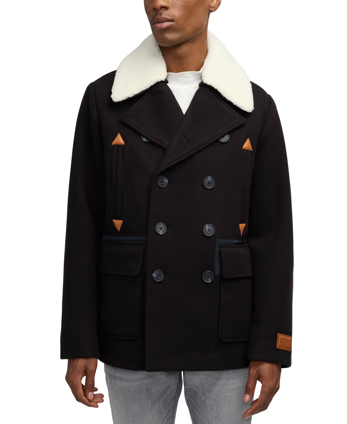 Scotch & Soda Men's Izak Double Breasted Peacoat With Removable Fleece Collar In Black