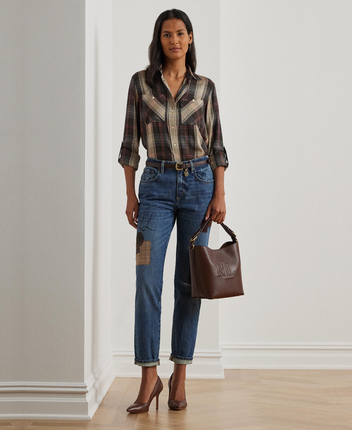 Lauren Ralph Lauren Women's Relaxed Fit Plaid Roll-Tab-Sleeve Shirt -Blue Multi