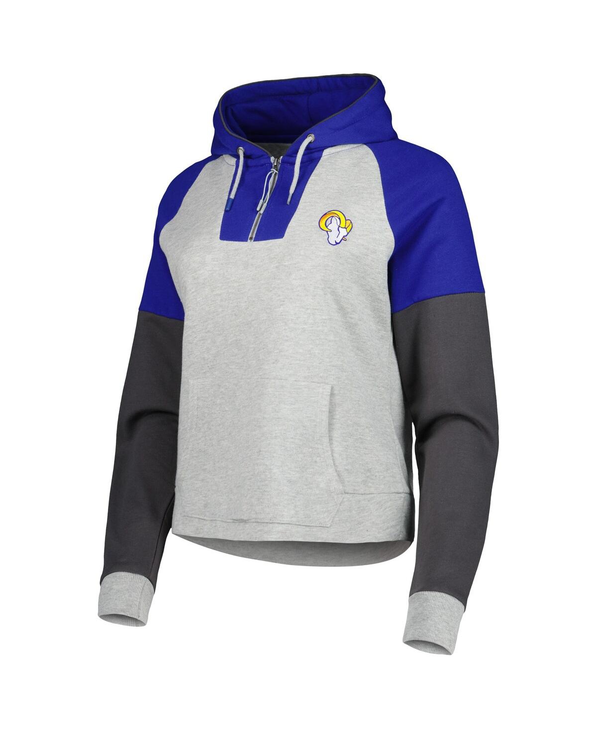 Antigua Women'sLos Angeles Rams Lightweight Jackpot Raglan Half-Zip Pullover Hoodie - Heather Gray, Royal