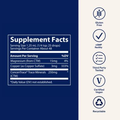 Liquid Ionic Copper 3 mg Dietary Supplement | Antioxidant Enzyme | Supports Blood Health, Bones, Nerves, and Metabolism | 2 fl oz, 48 Servings