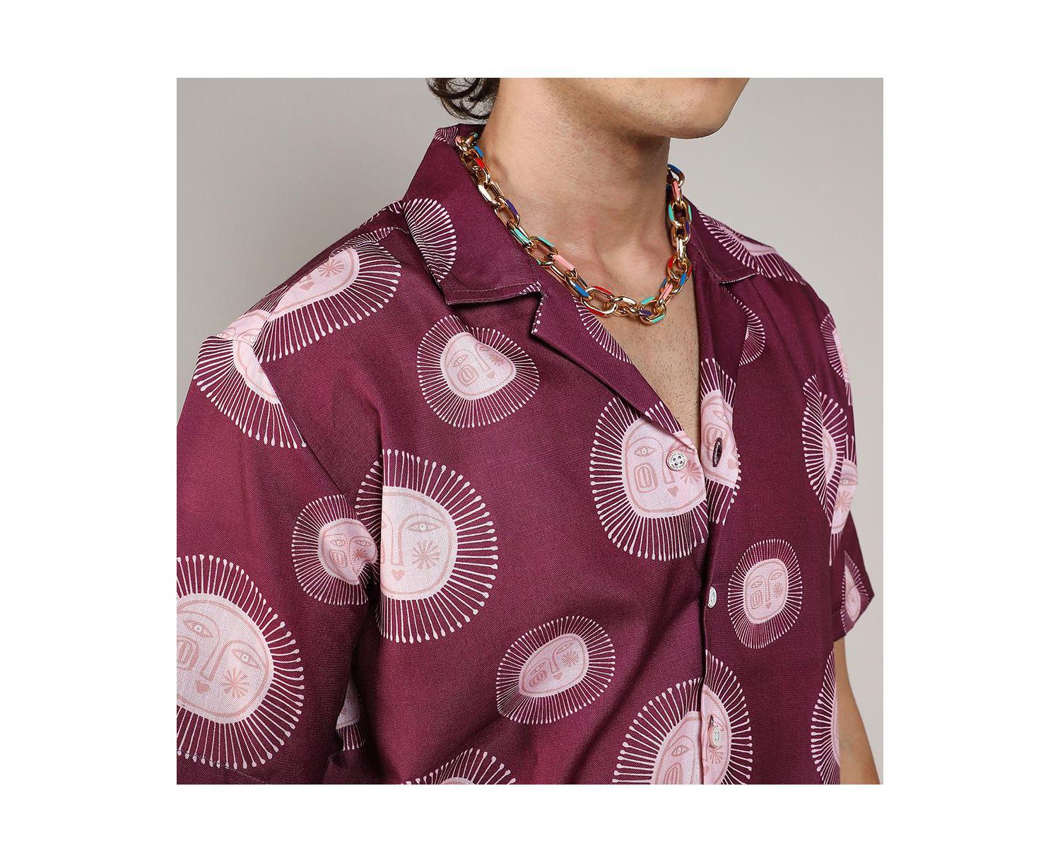Men's Wine Red Relaxed Face Shirt