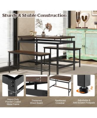 3 Pieces Dining Table Set with Wooden Kitchen Table and 2 Benches-Brown