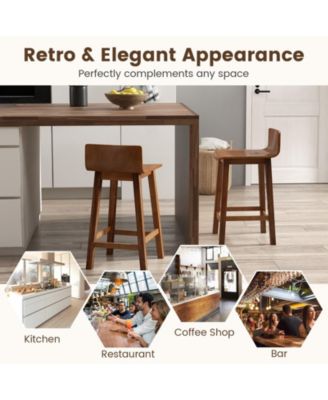Wood Bar Stools Set of 2 with Solid Back and Seat