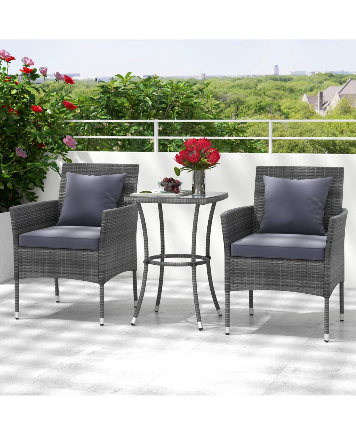 Skonyon 3 Pieces Patio Furniture Set with Cushioned Patio Chairs and Tempered Glass Coffee Table-Gray