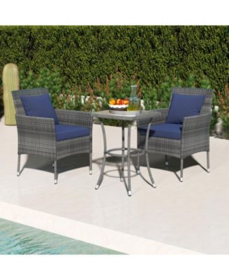 3 Pieces Patio Furniture Set with Cushioned Patio Chairs and Tempered Glass Coffee Table-Navy