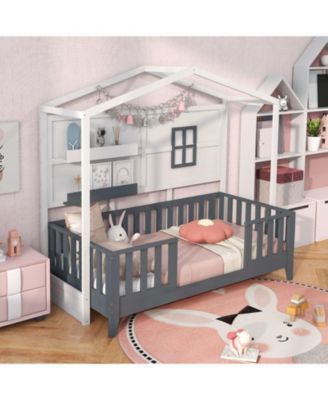Twin Wood House Bed Montessori Floor Bed with 2 Shelves and Guardrails