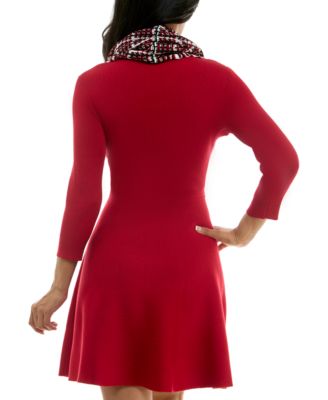 Juniors Plaid Scarf Belted Fit & Flare Sweater Dress