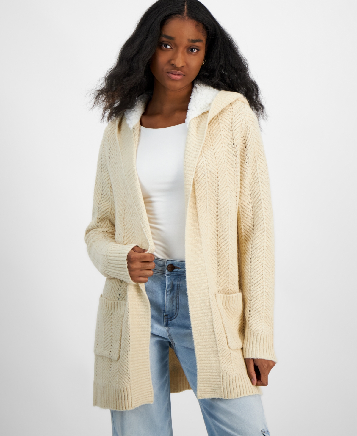 Madden Girl Juniors' Faux Shearling Lined Open-Front Hoodie Cardigan
