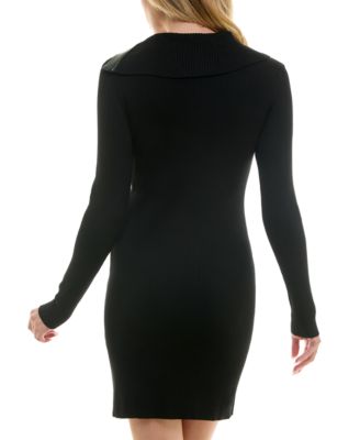 Juniors' Faux-Leather Long-Sleeve Sweater Dress