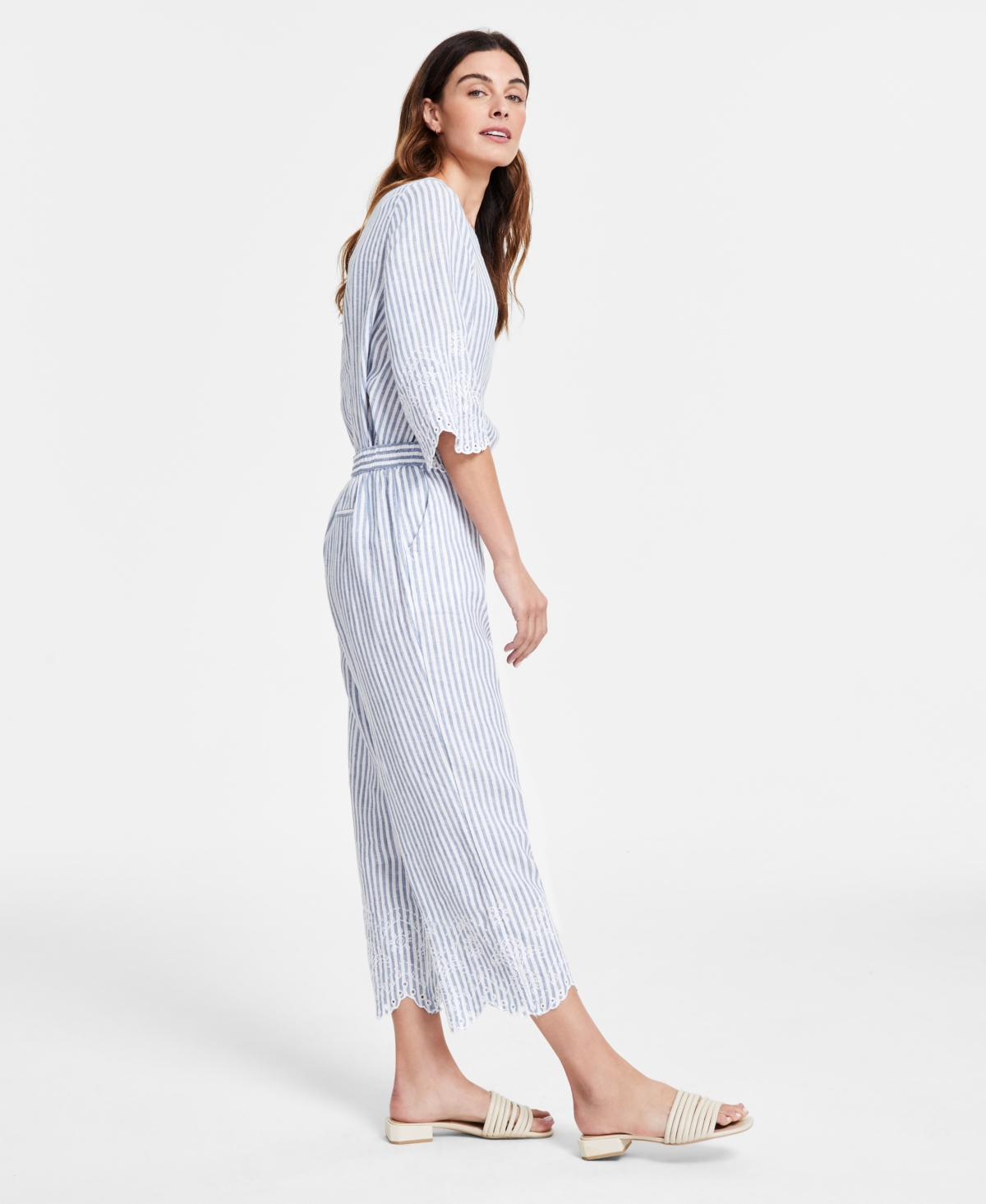 CHARTER CLUB WOMEN'S STRIPED 100% LINEN EYELET-TRIM PANTS, CREATED FOR MACY'S 