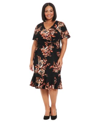 London Times - Plus Size Floral Side-Knot V-Neck Dress