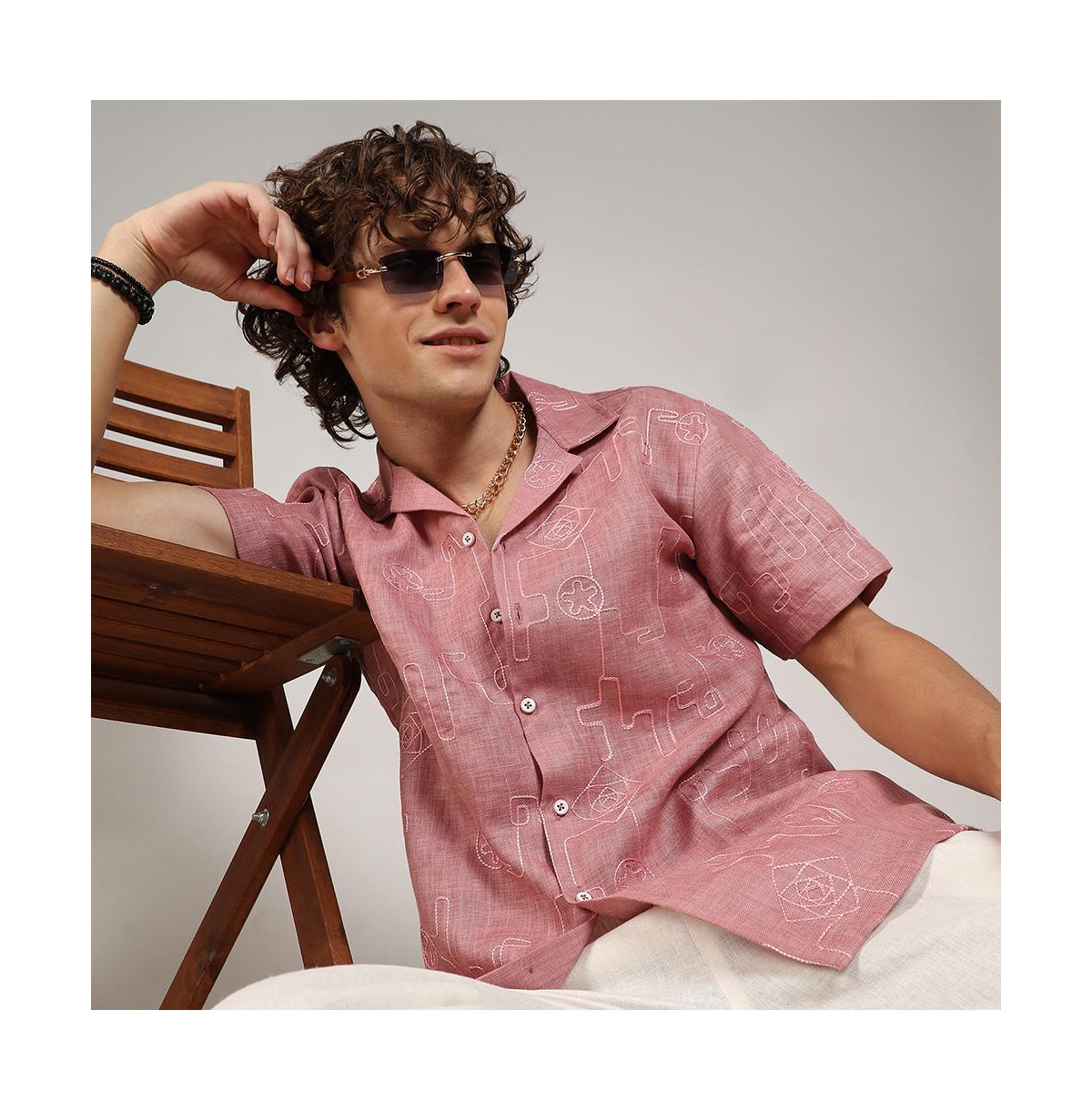 Campus Sutra Men's RougeEmbroidered Lined Shirt - Pink