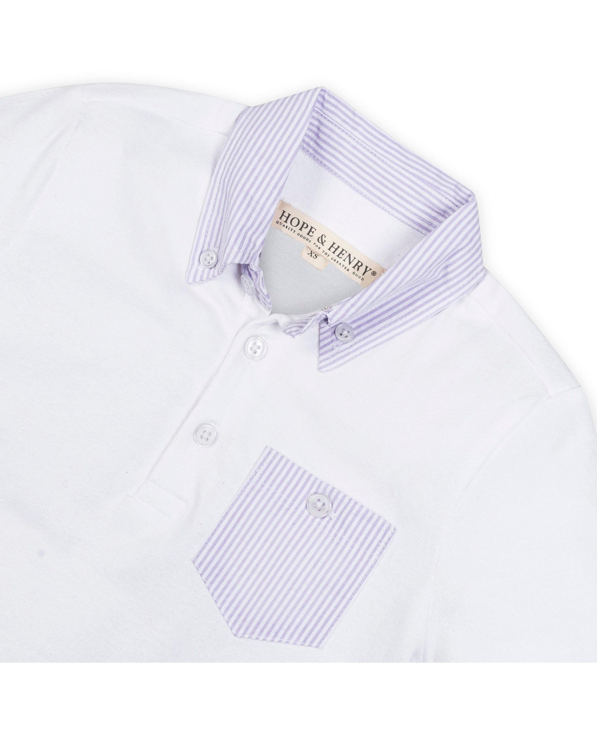 Hope & Henry Boys Organic Short Sleeve Jersey Polo with Seersucker Trim - White with lavender trim