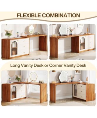 Modern Makeup Vanity, Retractable Large Vanity Desk with 3 Drawers and Cabinet, Makeup Corner Dressing Table (Without Mirror)