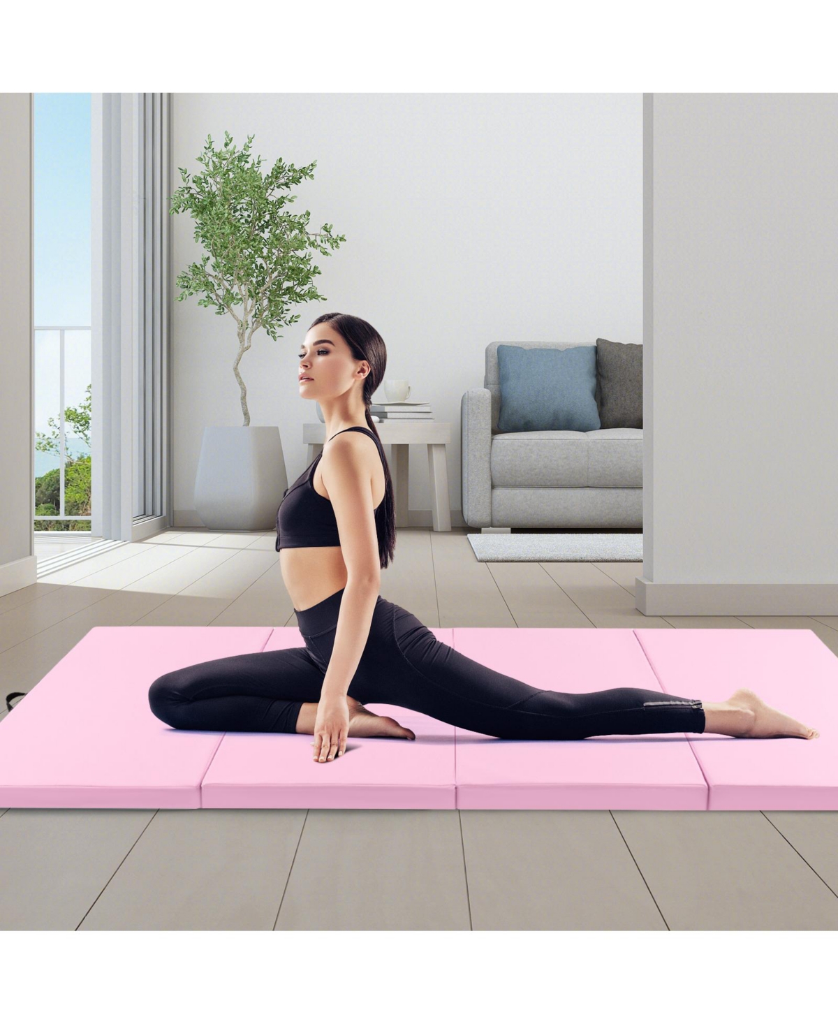 Skonyon 4-Panel Pu Leather Folding Exercise Mat with Carrying Handles- Pink