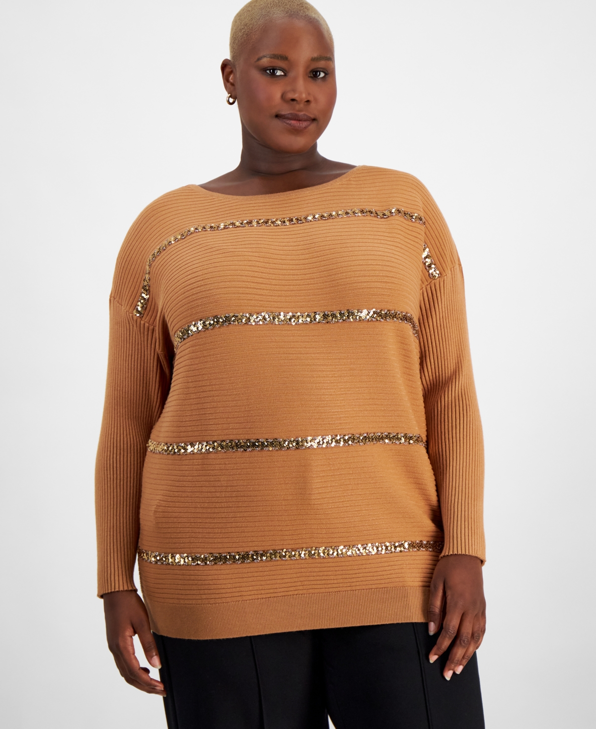 JM COLLECTION PLUS SIZE SEQUIN-STRIPE BOAT-NECK SWEATER, CREATED FOR MACY'S 