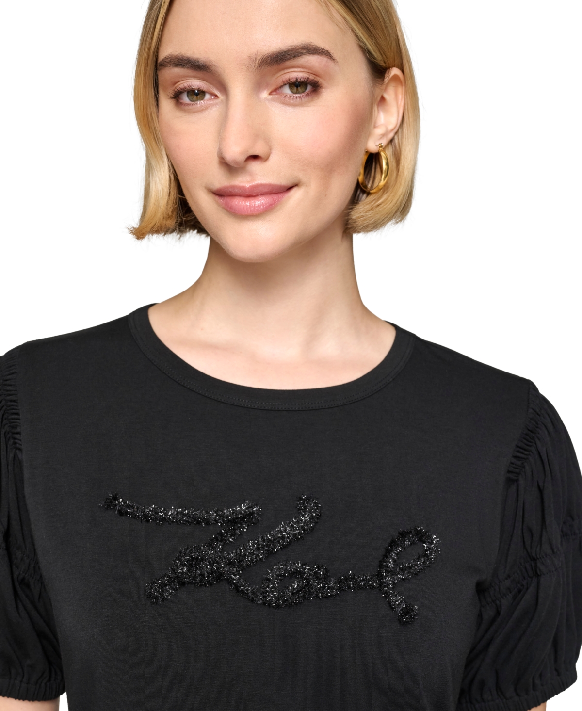 Karl Lagerfeld Paris Women's Tweed Karl Puff Sleeve Top
