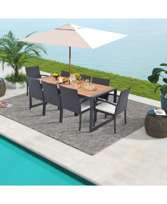 9 Pieces Patio Rattan Dining Set with Acacia Wood Table, 1.9" Umbrella Hole