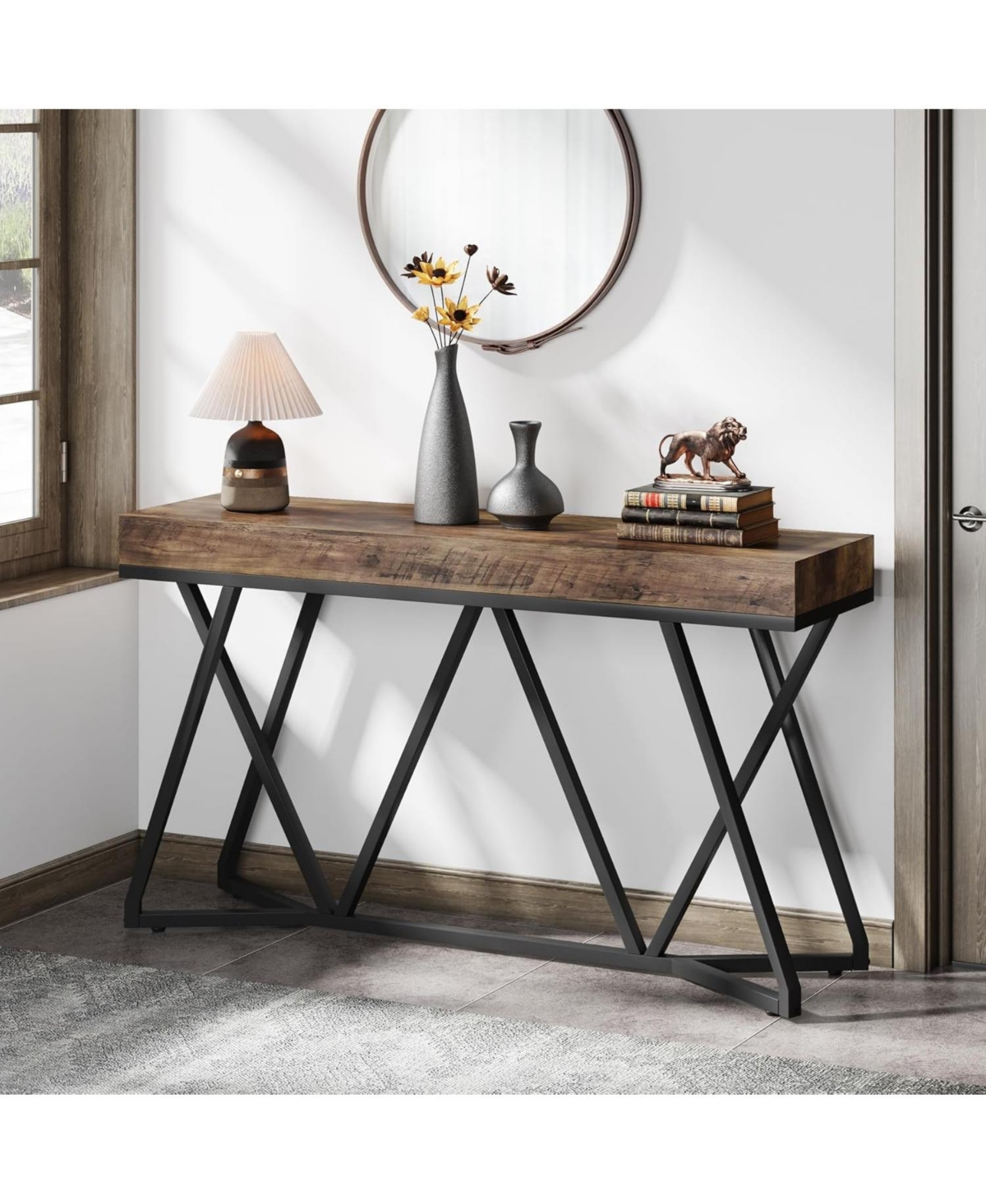 Tribesigns Console Table, Farmhouse Sofa Table Wood Entryway Table with Unique Metal Base, Behind The Couch Table Foyer Table, Industrial Acce