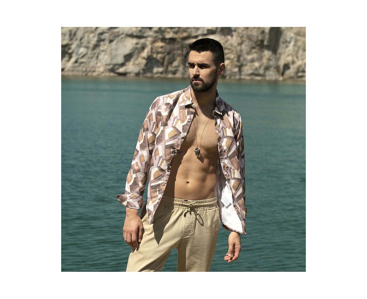 Men's Pale Yellow & Mocha Brown Abstract Block Shirt
