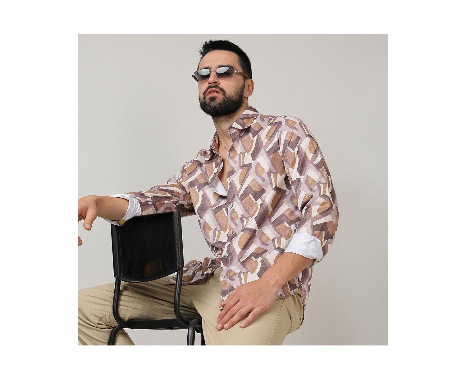 Men's Pale Yellow & Mocha Brown Abstract Block Shirt