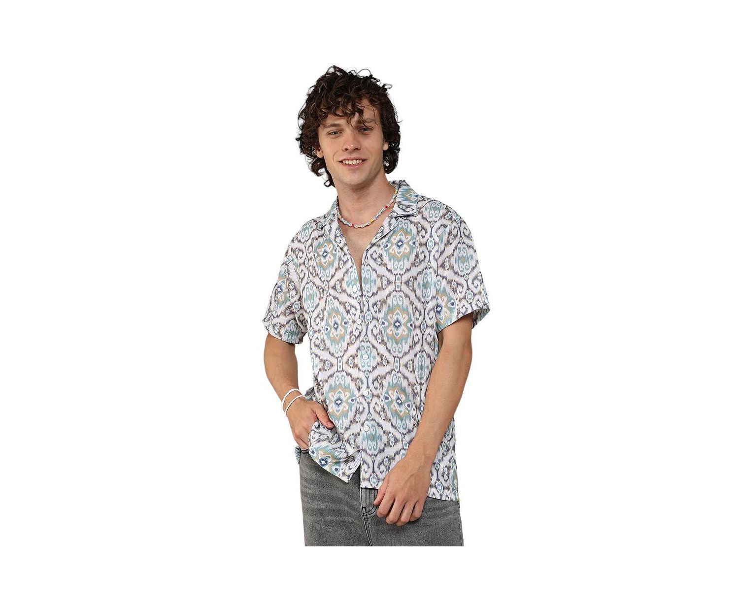Men's Ivory White & Sage Green Ikkat Shirt