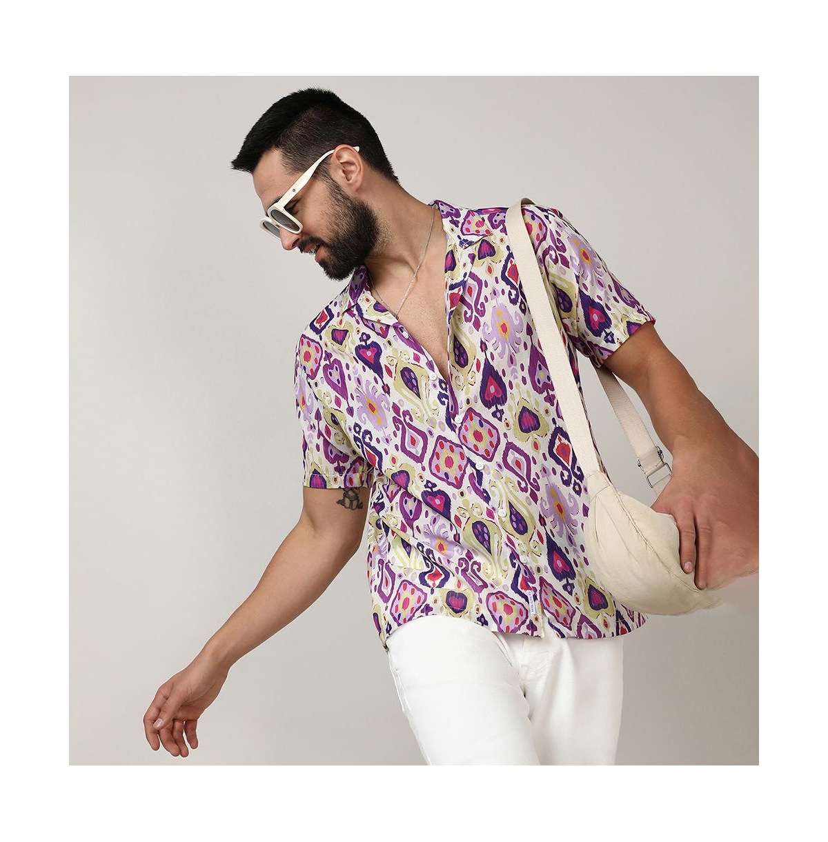Campus Sutra Men's Lavender & PearEthnic Shirt - Yellow