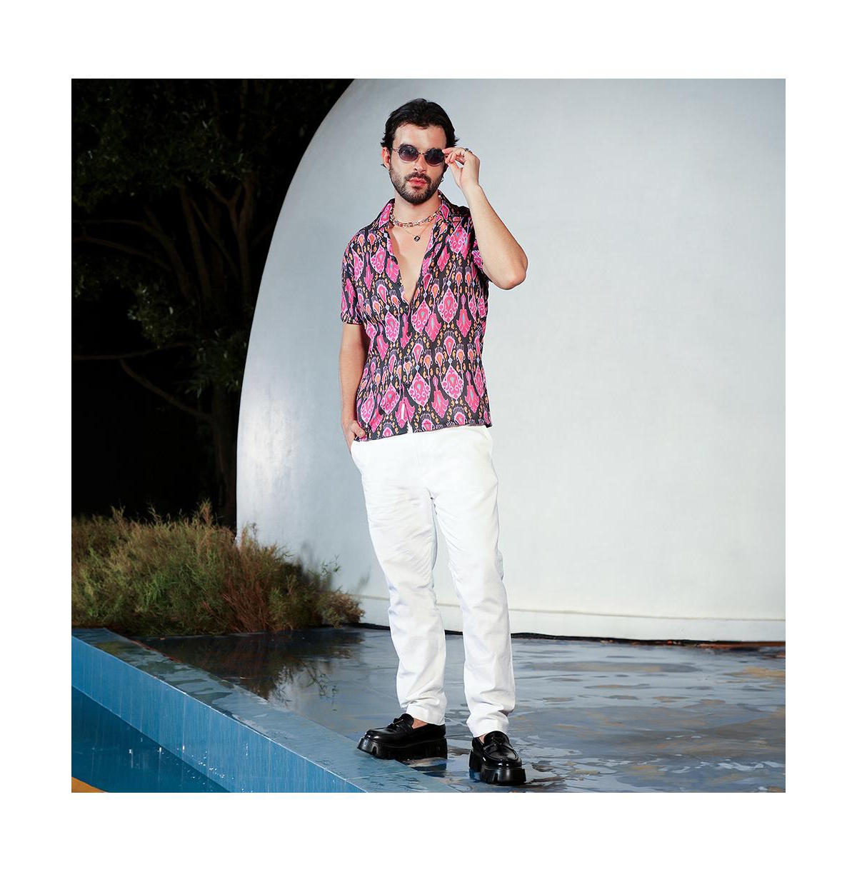 Campus Sutra Men's Midnight& Light Pink Ethnic Shirt - Black