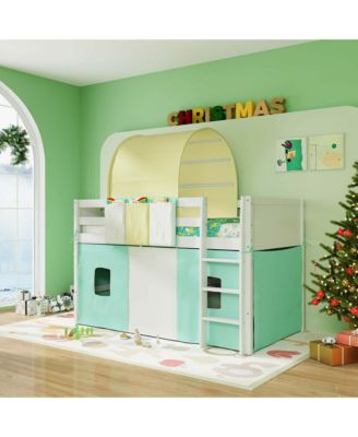 Twin Loft Bed with Tower & Tent 3 Storage Pockets Safety Guardrail and Ladder