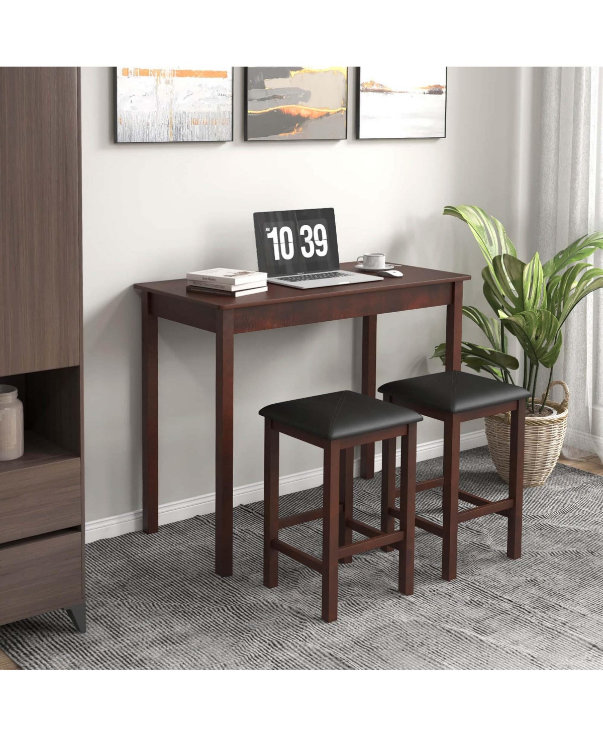 Costway 3 Pcs Bar Table Set Dining Table & 2 Pvc Leather Upholstered Bar Stools