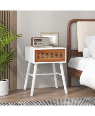 Rattan Nightstand Mid Century Modern Accent Table with Drawer
