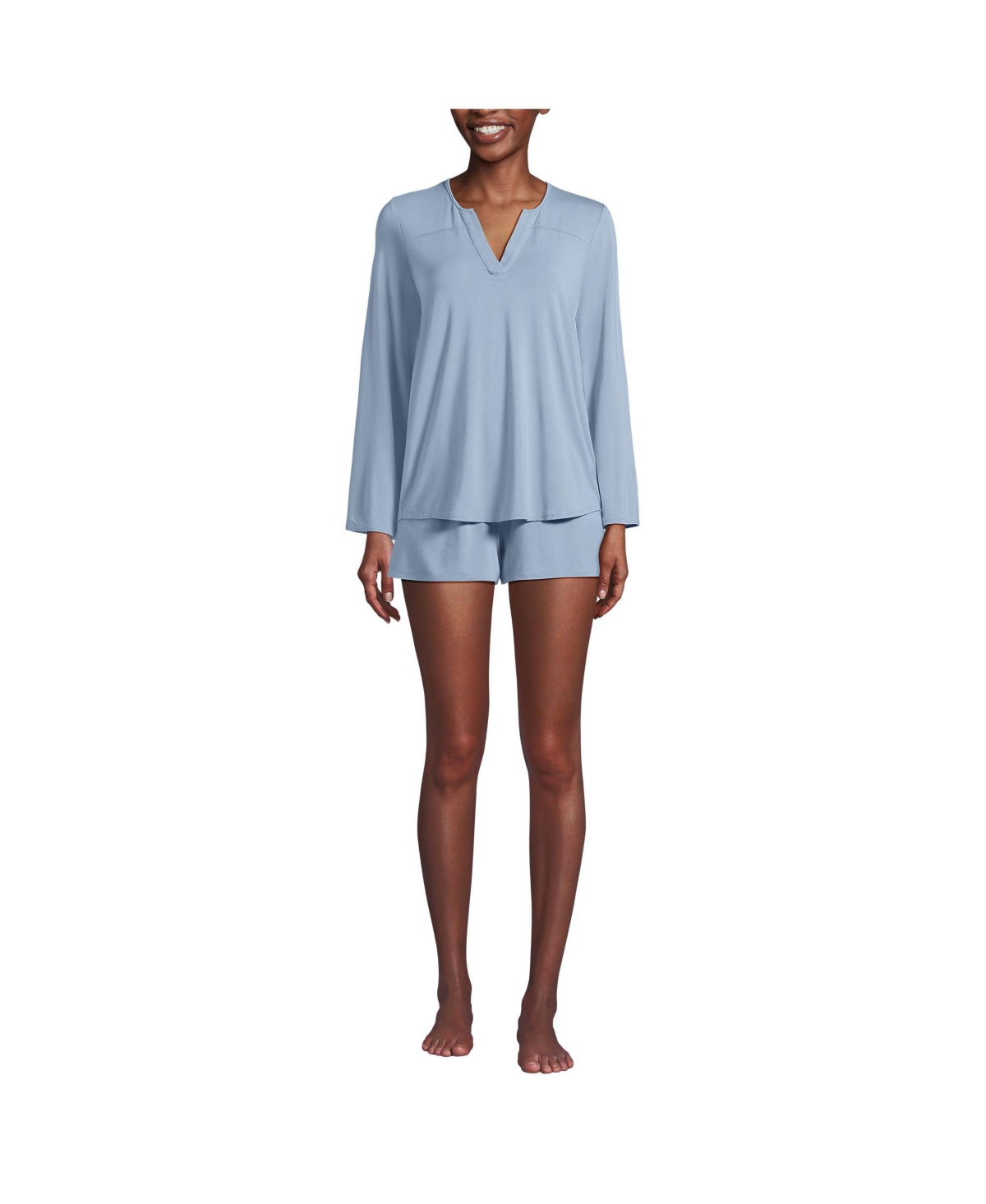 Women's Cooling 2 Piece Pajama Set - Long Sleeve Flowy Shirt and Shorts - Pale slate blue