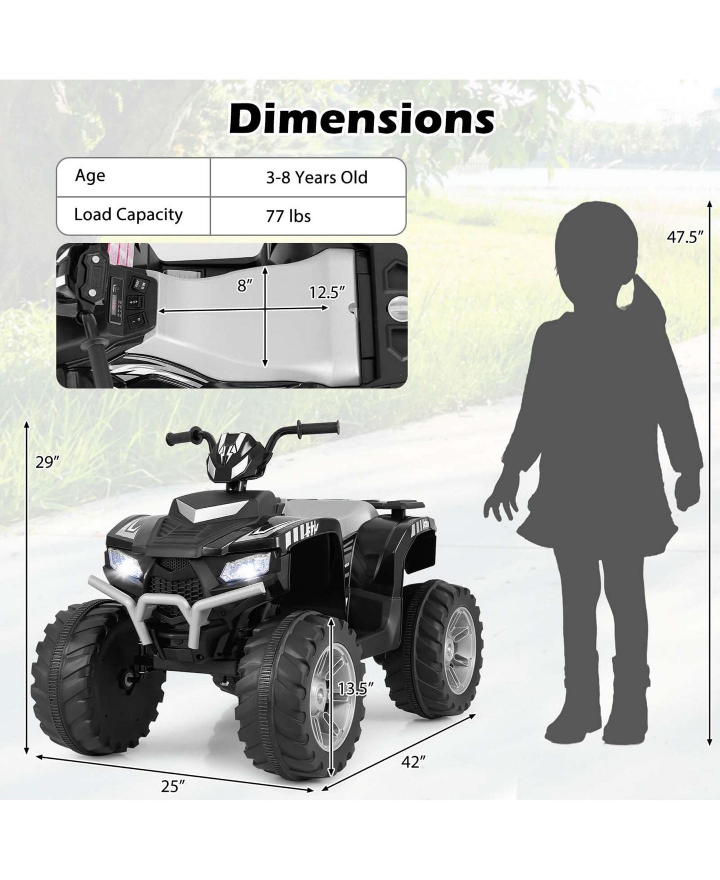 Детская игрушка Costway 24V Kids Ride-On Electric Quad Car with Wireless Connection, 77 lb. Capacity, Ages 3-8, цвет: Чёрный — фото 3