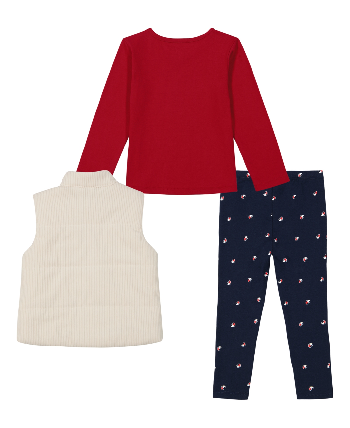 Tommy Hilfiger Toddler and Little Girls Long Sleeve Logo Tee, Corduroy Vest and Printed Leggings, 3 Piece Set -Jester Red/Navy Blazer