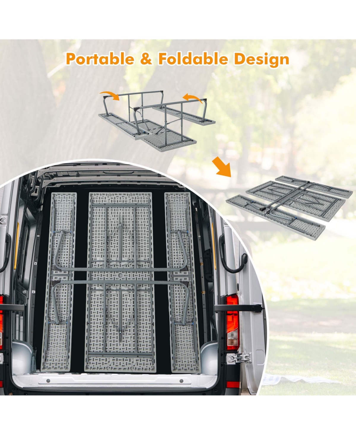 Costway Folding Picnic Table with Wood-like Tabletop, Umbrella Hole, 2 Benches for 8 Person