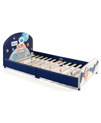 Kids Upholstered Platform Bed Children Twin Size Wooden Bed Astronaut Pattern