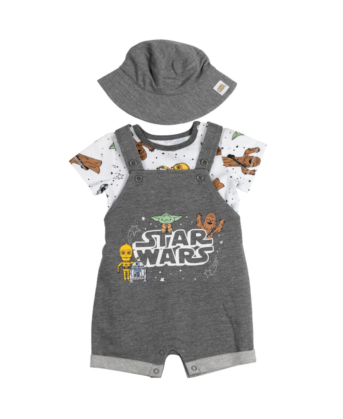 Starwars Baby Boys Star Wars Chewbacca R2-D2 Yoda French Terry Short Overalls T-Shirt and Hat 3 Piece Outfit Set Newborn to