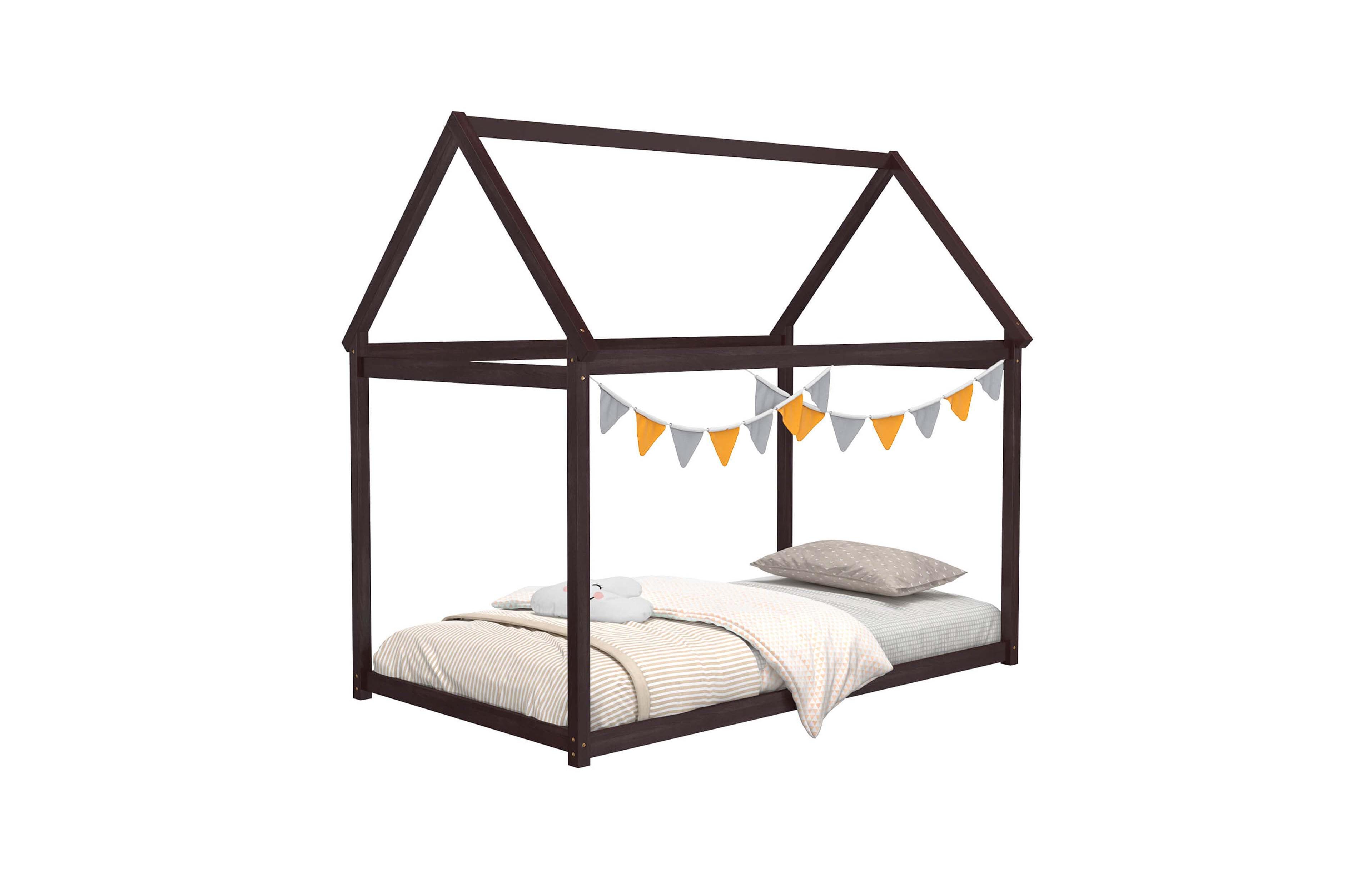Costway Twin House Bed Wood Frame with Roof for Kids Toddler No Box Spring