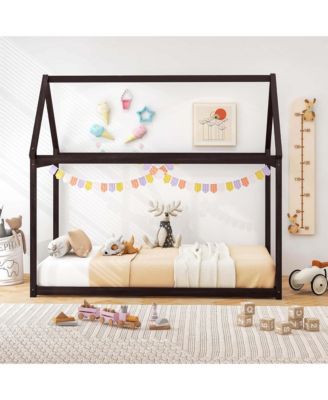 Twin House Bed Wood Frame with Roof for Kids Toddler No Box Spring