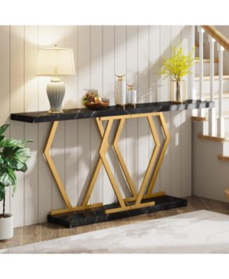 70.9 Inch Extra Long Sofa Table， White and Gold Console Table with Faux Marble Tabletop, Modern Long Entryway Table with Gold Frame